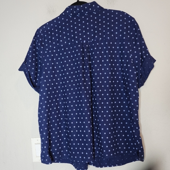 Joan Rivers Linen Star Print Blue White Short Sleee Button Shirt Women's Size L - Picture 8 of 16